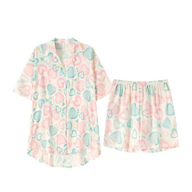 俏韵 翻领夏季舒适云朵棉开衫甜美短袖短裤家居服可外穿睡衣套装 女款
