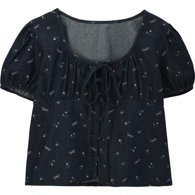 谜秀 蓝色印花牛仔泡泡袖短袖方领法式衬衫 女款