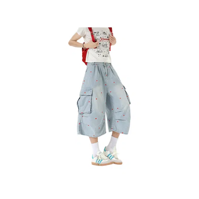 零氏 夏季美式复古水洗做旧爱心印花条纹设计个性慵懒风休闲百搭宽松潮流时尚工装七分牛仔短裤 男女同款