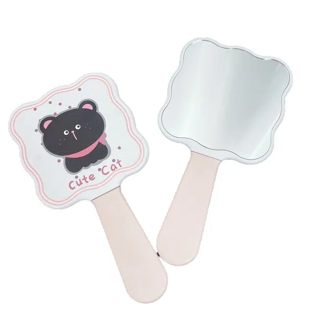 计轩 粉波点黑猫手柄镜化妆镜 便携可爱少女心