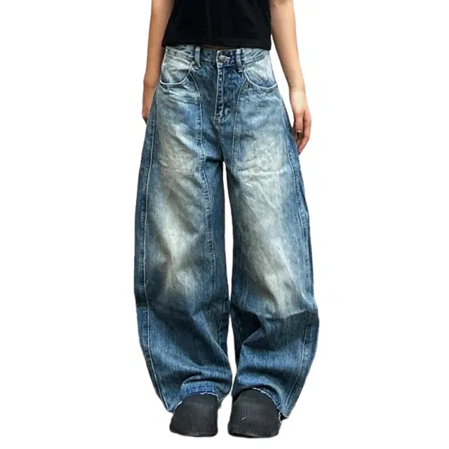 冈哉 美式复古水洗做旧解构拼接弯刀设计痞帅高街时尚个性潮流宽松休闲百搭垂感拖地阔腿牛仔裤 男女同款