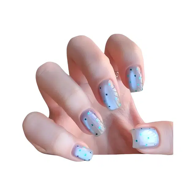 嘉比兔 短款冰蓝波点玻璃珠穿戴甲气质显白高颜值百搭纯欲手工美甲可拆卸  短方蓝色晕染 可爱