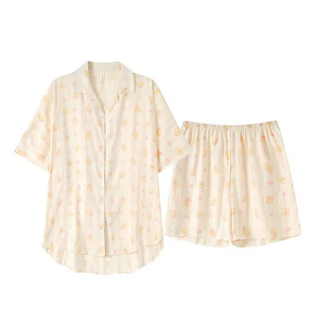 俏韵 翻领卡通夏季云朵棉开衫甜美短袖短裤家居服可外穿睡衣套装 女款