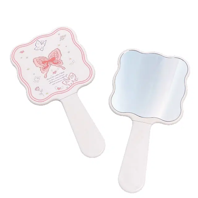 计轩 蝴蝶结英文手柄镜子化妆镜 高级便捷补妆