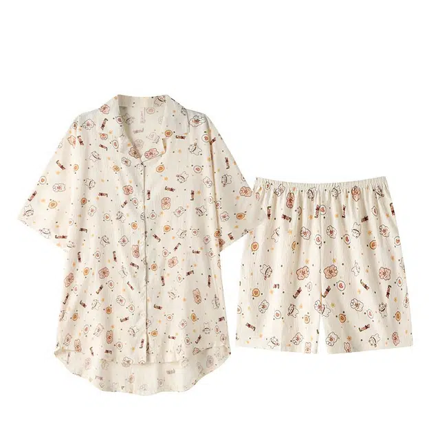 俏韵 翻领卡通夏季云朵棉简约开衫甜美短袖短裤家居服可外穿睡衣套装 女款