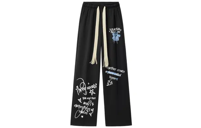 宜而爽 美式嘻哈街头手绘卡通艺术涂鸦字母印花设计运动休闲高街日常宽松阔腿直筒显高垂感拖地松紧腰纯色系带篮球针织休闲裤 男女同款