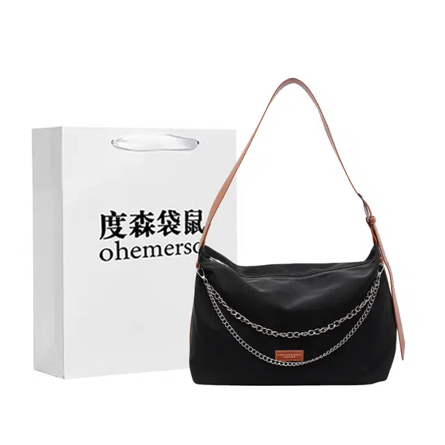 度森袋鼠 时尚简约韩系百搭链条设计 尼龙布 斜挎包 常规 女款 黑色