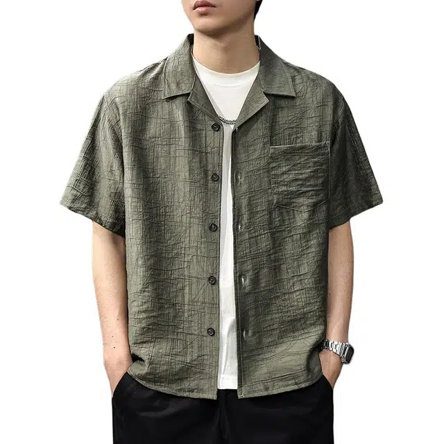 前进牛 轻奢韩风休闲时尚慵懒风潮流高级感提花古巴领男夏季薄款宽松短袖衬衫 男女同款