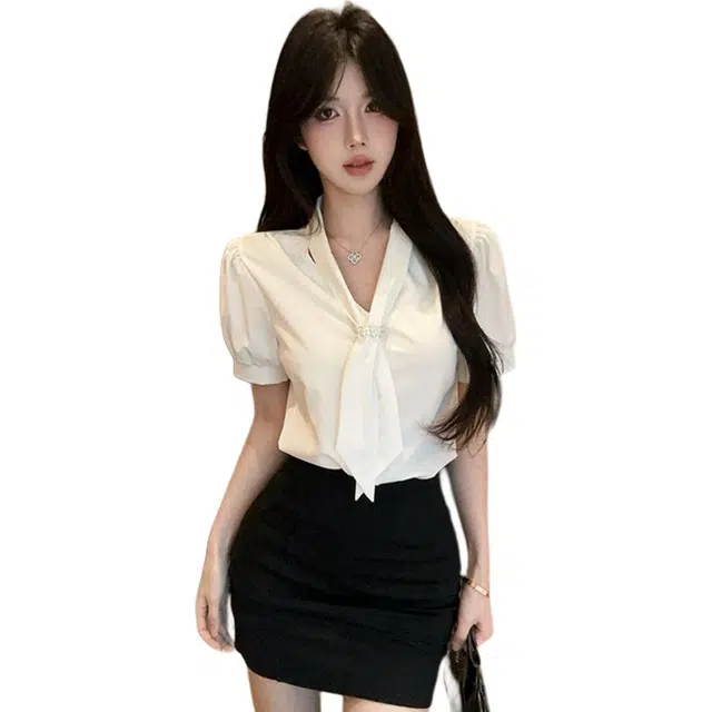 思蓓儿 法式飘带短袖白衬衫女设计感小众夏气质通勤职业装衬衣裙装套装 女款