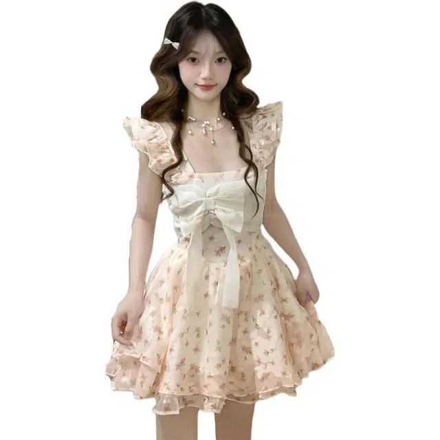 黛尔佳人 减龄日系少女款网红爆款甜美碎花蓬蓬公主度假旅行短裙子连衣裙 女款