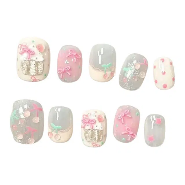 计轩 草莓冰激凌半手工穿戴美甲樱桃蝴蝶可爱指甲显白短款夏天清新  短梯短方圆黄色跳色