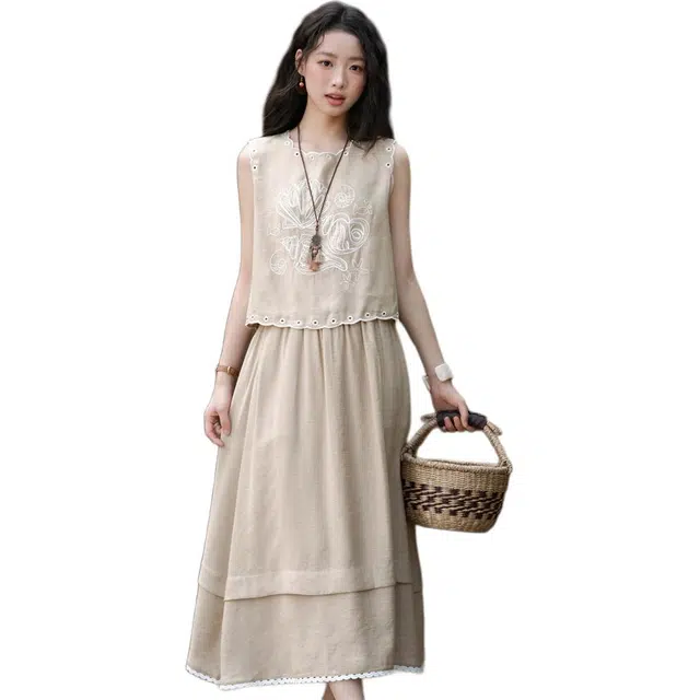 谜秀 复古浪漫绣花温柔显气质裙装套装 女款