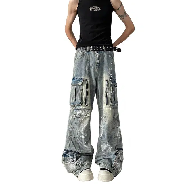 加荣 美式街头设计感潮牌青少年户外出行百搭宽松阔腿拖地裤子牛仔裤 男女同款