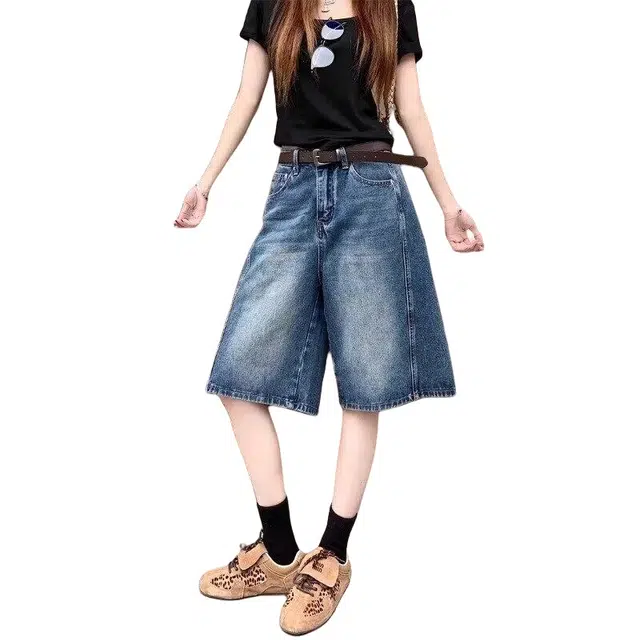 加荣 复古水洗五分裤男夏季轻薄透气潮牌青少年日常出行通勤百搭男裤小众设计感高腰显瘦宽松阔腿裤休闲裤牛仔短裤 男女同款