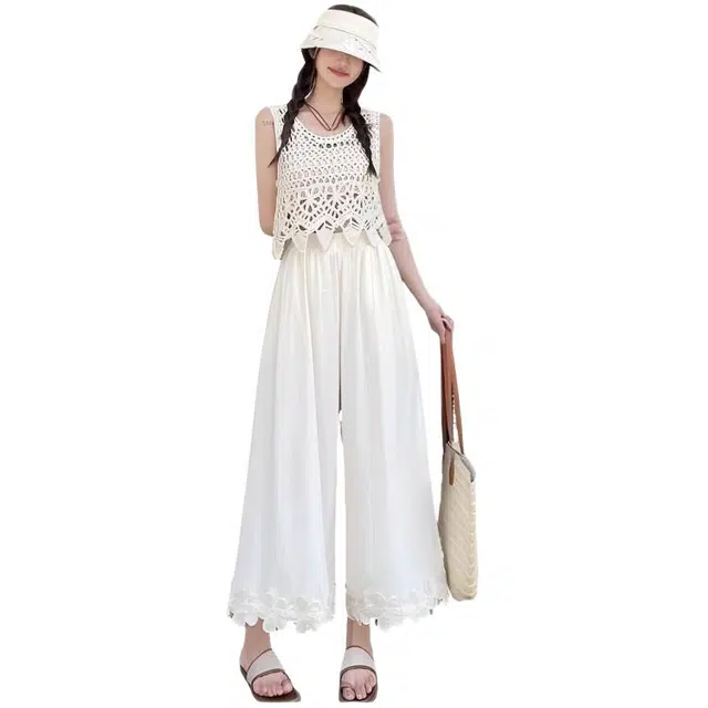 天才小熊 韩系花朵拼接天丝棉阔腿裤夏季薄款小个子高腰垂感山本九分裤 女款