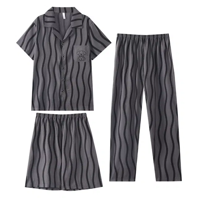 向薇 夏季云朵棉短袖短裤长裤三件套简约大方可外穿家居服睡衣套装 男款