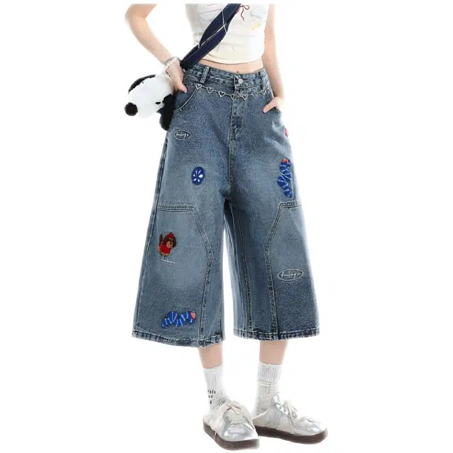 天才小熊 潮流时尚美式七分裤宽松复古直筒裤百搭舒适牛仔短裤 女款