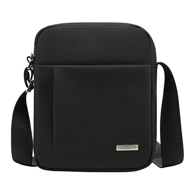 老人头 经典百搭简约时尚通勤纯色 织物拼合成革 单肩斜挎包 男款 黑色