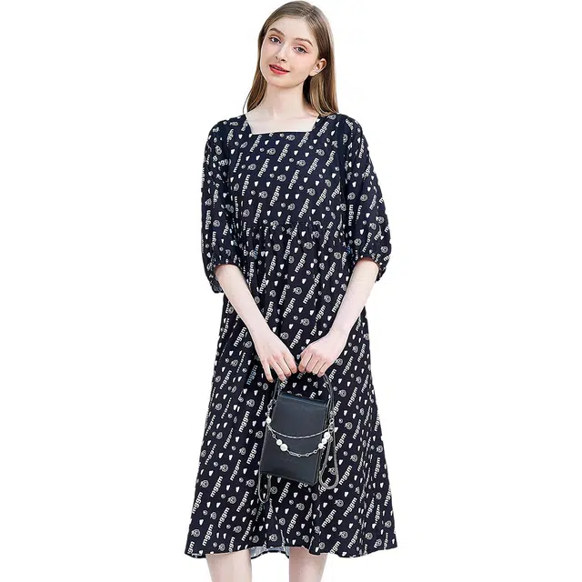木果果木 复古优雅气质印花常规袖方领休闲风宽松腰短袖连衣裙 女款