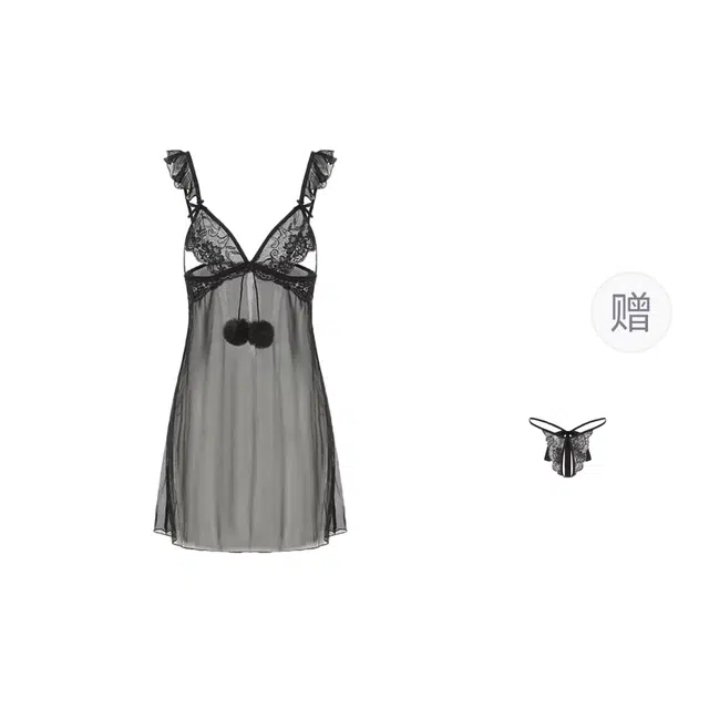 秀黛 性感睡衣蕾丝网纱透明开叉吊带纯欲风高级感制服睡裙 女款