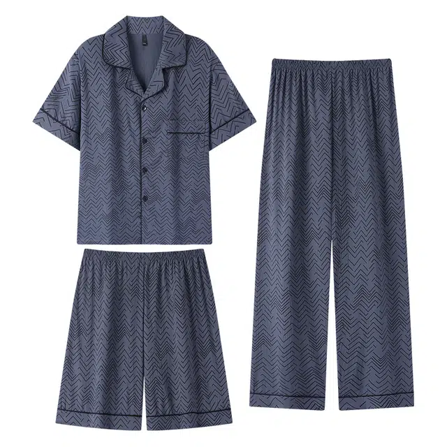 向薇 三件短袖短裤长裤夏季薄款云朵棉可外穿大码家居服睡衣套装 男款