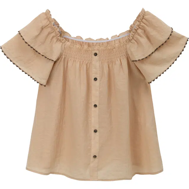 谜秀 夏季夏装夏荷叶袖纯色短袖花边领法式衬衫 女款