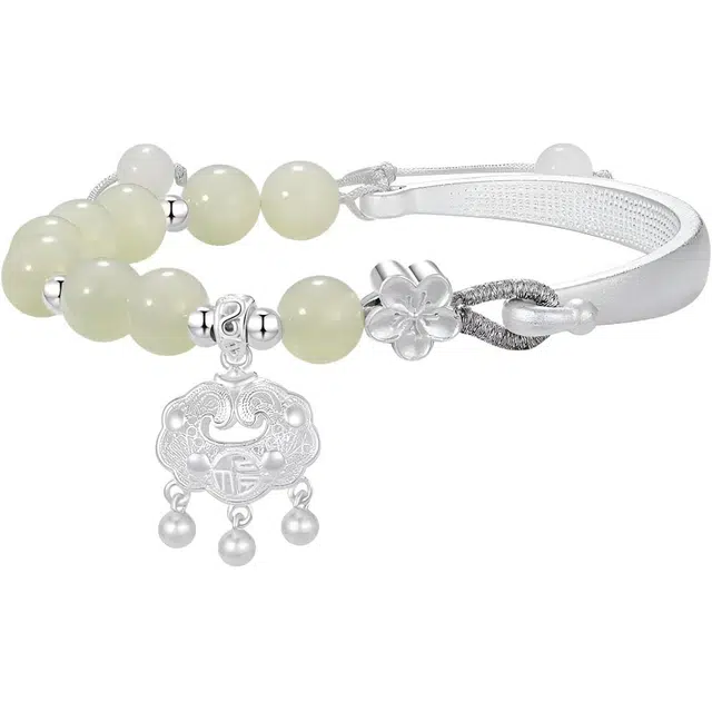 爱骊 长命锁新中式国潮古风转运纳福平安锁小众轻奢简约可调节 玉髓 手链 女款