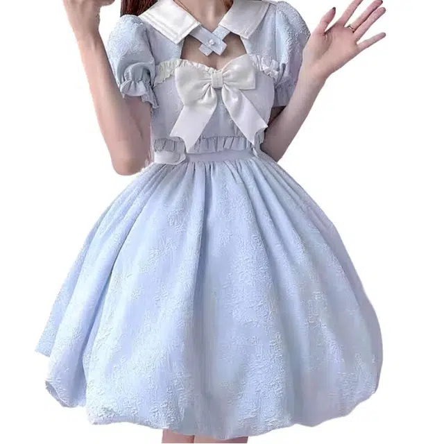 兰缪 学院风甜美蝴蝶结减龄显瘦花苞裙短袖连衣裙 女款