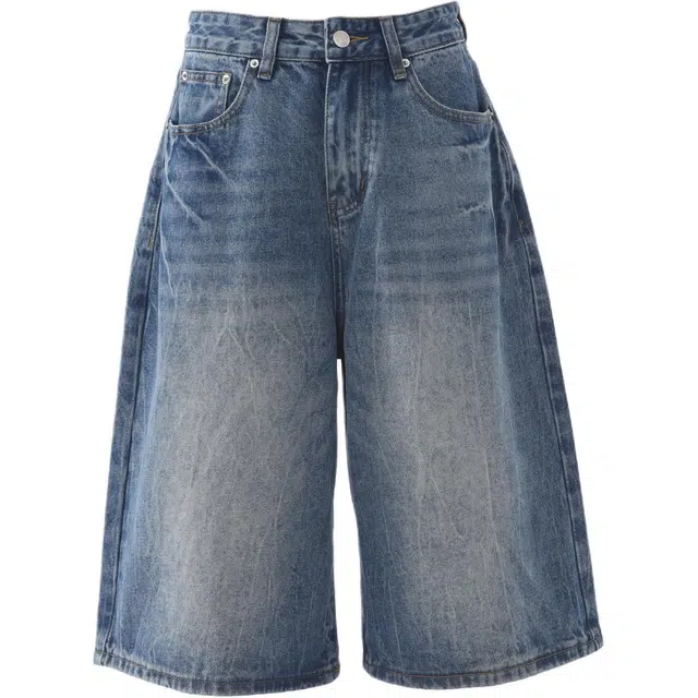 玫丝朵 式复古高腰宽松七分阔腿裤女时尚百搭直筒牛仔短裤 女款