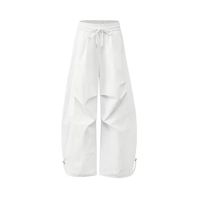 天才小熊 女装美式高街褶皱弯刀裤子夏季松紧腰抽绳宽松阔腿拖地休闲裤 女款