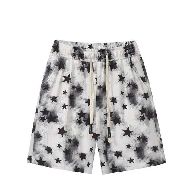 顶峰保罗 星星图案薄款凉感直筒阔腿五分裤美式潮牌宽松舒适小众百搭高街设计感休闲短裤  男女同款
