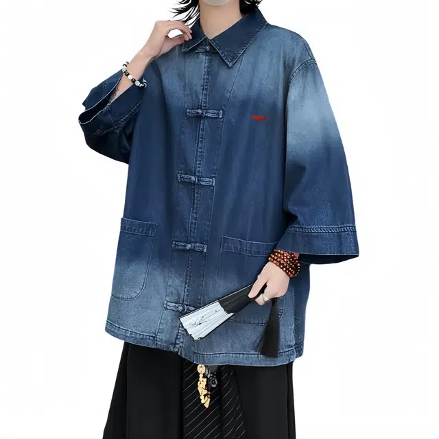 大白鲨 夏新中式国风水洗做旧牛仔外套男女生宽松复古盘扣衬衣潮牌上衣长袖衬衫 男款