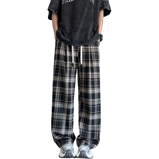 佐菲利 美式复古格子裤子夏季重磅宽松阔腿拖地长裤潮牌百搭直筒休闲裤 男女同款