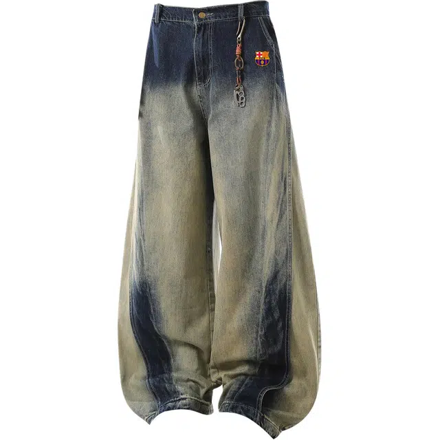 巴塞罗那足球俱乐部 美式复古水洗渐变晕染做旧牛仔裤 男女同款