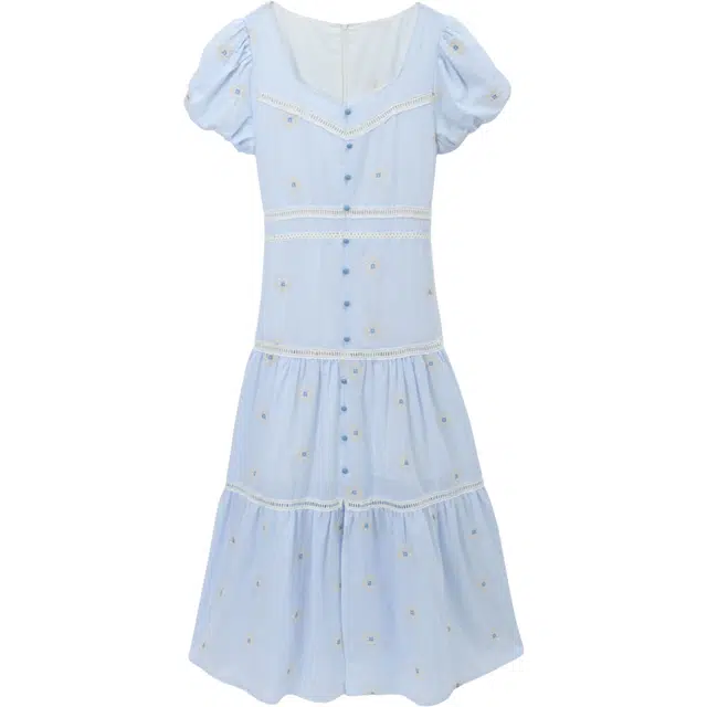 谜秀 甜美刺绣花朵提花常规袖韩版短袖连衣裙 女款