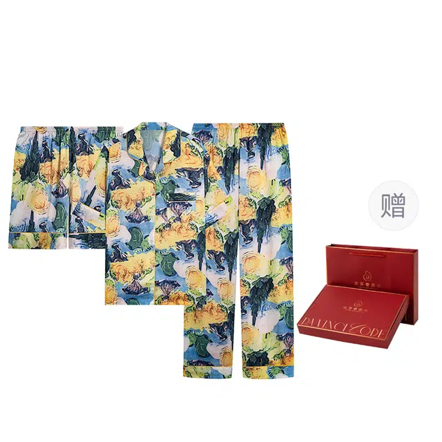 达芬奇密码 夏季冰丝凉感水墨家居服礼盒装植物花卉短袖小翻领长裤睡衣套装 女款