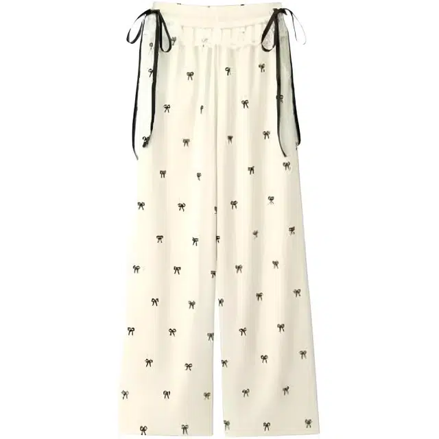 小卷要加油 甜辣妹蕾丝边拼接蝴蝶结宽松阔腿裤休闲裤 女款