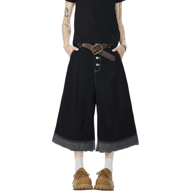 佐菲利 美式复古高级感街头毛边排扣小众潮宽阔松腿休闲七分裤牛仔短裤 男女同款