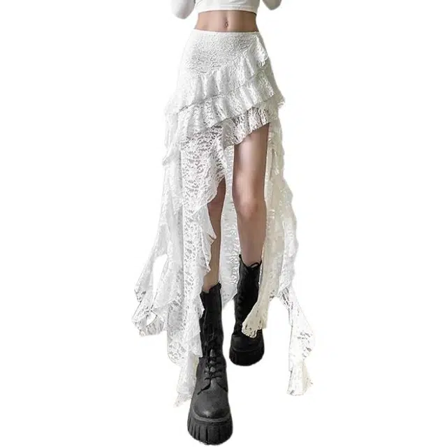 小卷要加油 纯欲肌理感高腰半身裙女荷叶边拼接显瘦不规则裙休闲短裙 女款