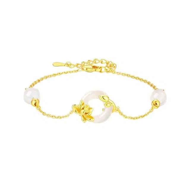 金六福吉祥 新中式荷塘月色平安扣 轻奢小众设计天然 玉髓 手链 女款