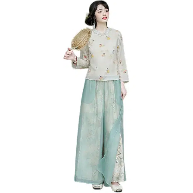 丝絮丝绸 新中式舒适气质国风阔腿长裤休闲裤 女款