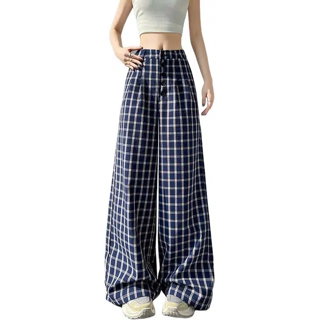 水中花 格子图案高腰设计阔腿版型宽松舒适垂感纽扣装长裤休闲裤 女款