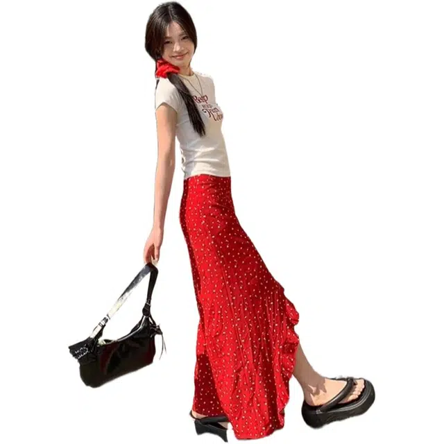 小卷要加油 小碎花不规则荷叶边半身裙女夏季开叉花边裙摆设计休闲长裙 女款