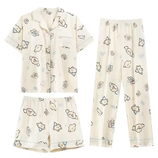 俏韵 翻领卡通夏季云朵棉舒适可爱甜美短袖三件套薄款家居服可外穿睡衣套装 女款