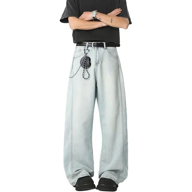 佐菲利 复古怀旧蓝天丝阔腿夏季薄款高腰垂感宽松褶皱直筒长裤子牛仔裤 男女同款