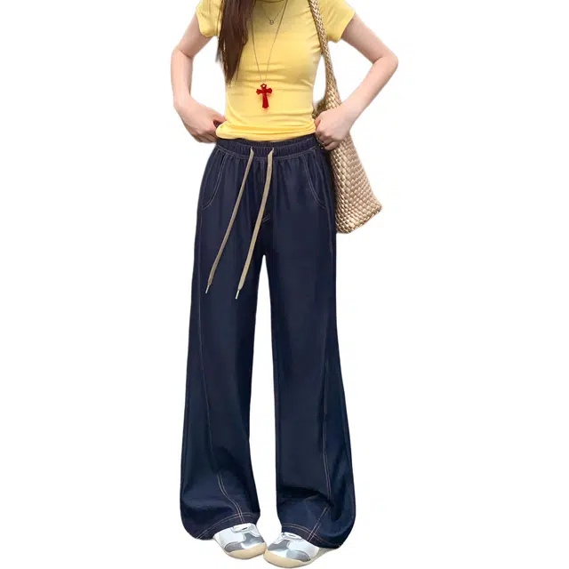 水中花 韩版高腰垂感直筒宽松透气显瘦小众舒适百搭休闲裤 女款