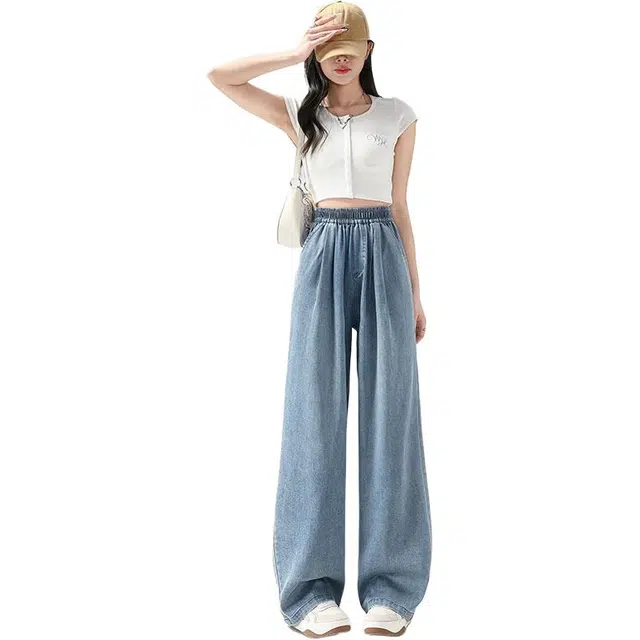 水中花 韩系复古高腰显瘦宽松水洗做旧舒适百搭垂感休闲裤 女款