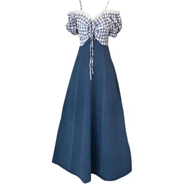 小卷要加油 温柔风格子泡泡袖拼接设计感高腰短袖连衣裙 女款