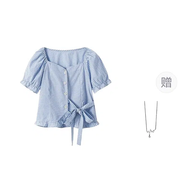 识恩 韩系甜美气质方领泡泡袖蝴蝶系带格子衬衫  女款