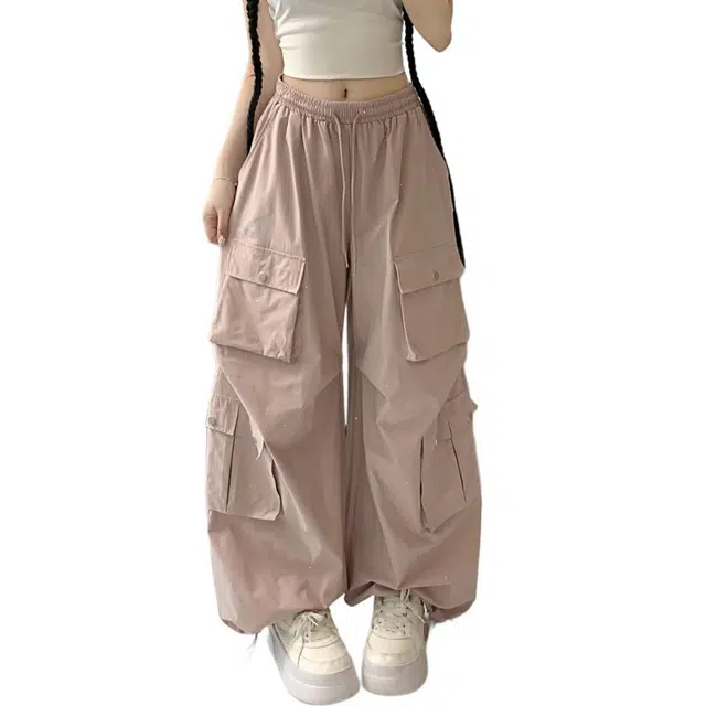 水中花 韩系时尚多口袋宽松阔腿裤舒适运动风设计休闲裤 女款